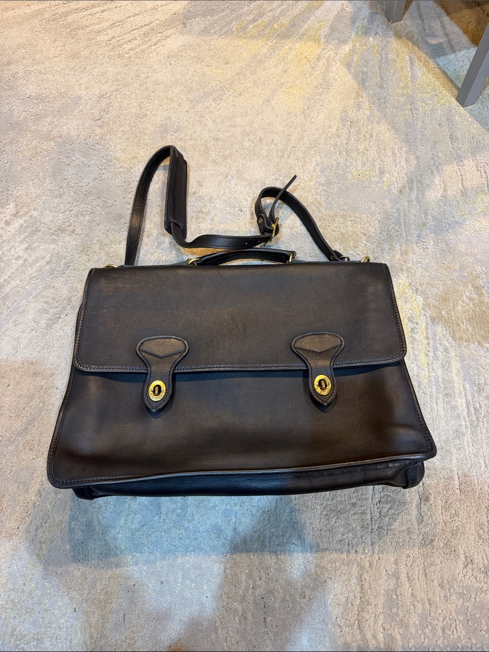 Jack Georges Vintage Double Gusset Black Leather Briefcase Messenger Bag Brass